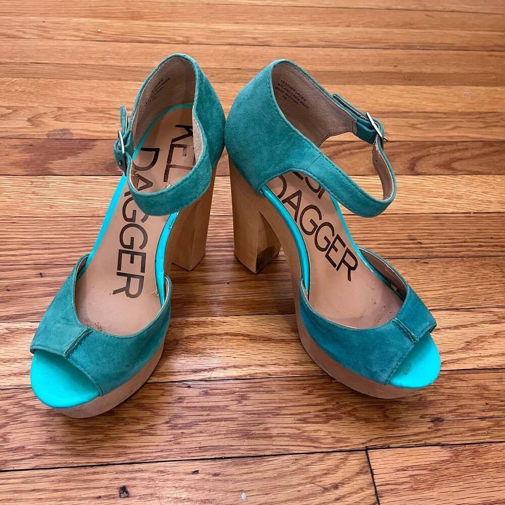 Kelsi Dagger Teal Suede Wooden Platform Sandals Shoes Size 7M Boho Heels